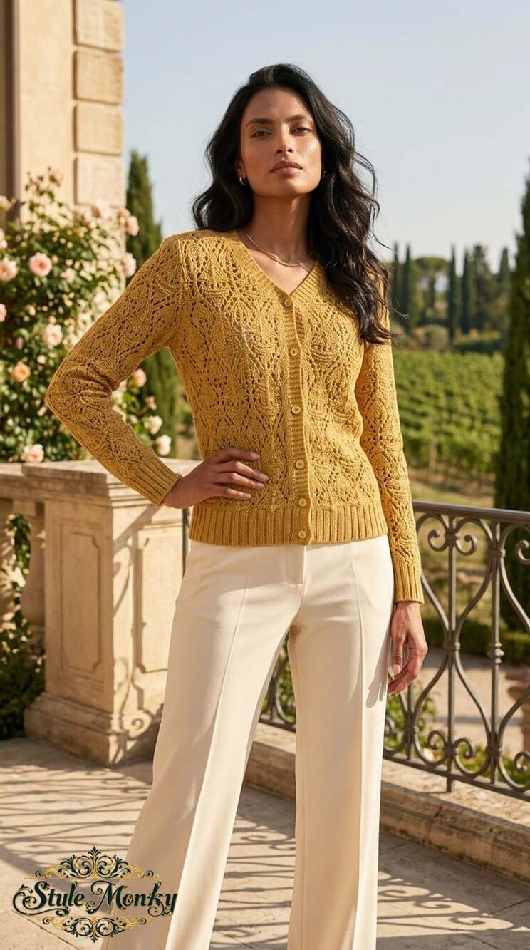 YA Los Angeles Cardigan Sweater Size S Yellow Open Knit V-Neck